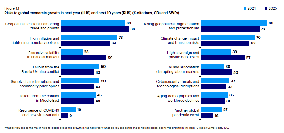 Risiken für das globale Wirtschaftswachstum im kommenden Jahr (linke Achse) und in den nächsten 19 Jahren (rechte Achse) (Anteil der Nennungen in %, Zentralbanken und Staatsfonds)
