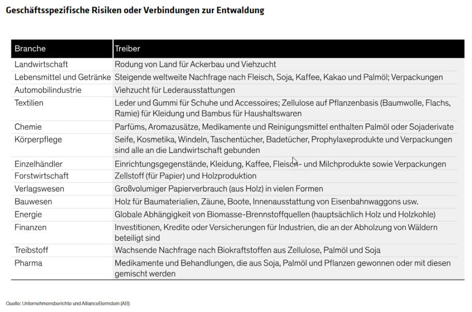Geschäftsspezifische Risiken oder Verbindungen zur Entwaldung