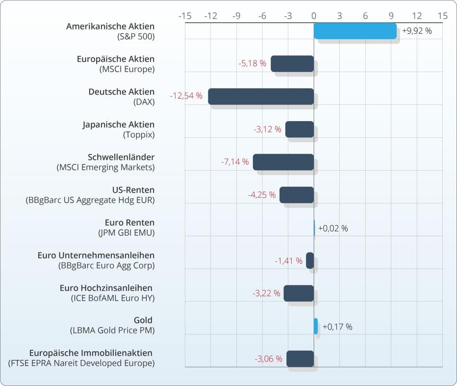 Wertentwicklung in Euro ausgewählter Anlageklassen seit Jahresanfang in Prozent